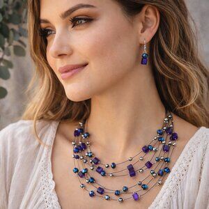 Layered Blue Purple Acrylic Beaded Floating Illusion Necklace And Earrings Set